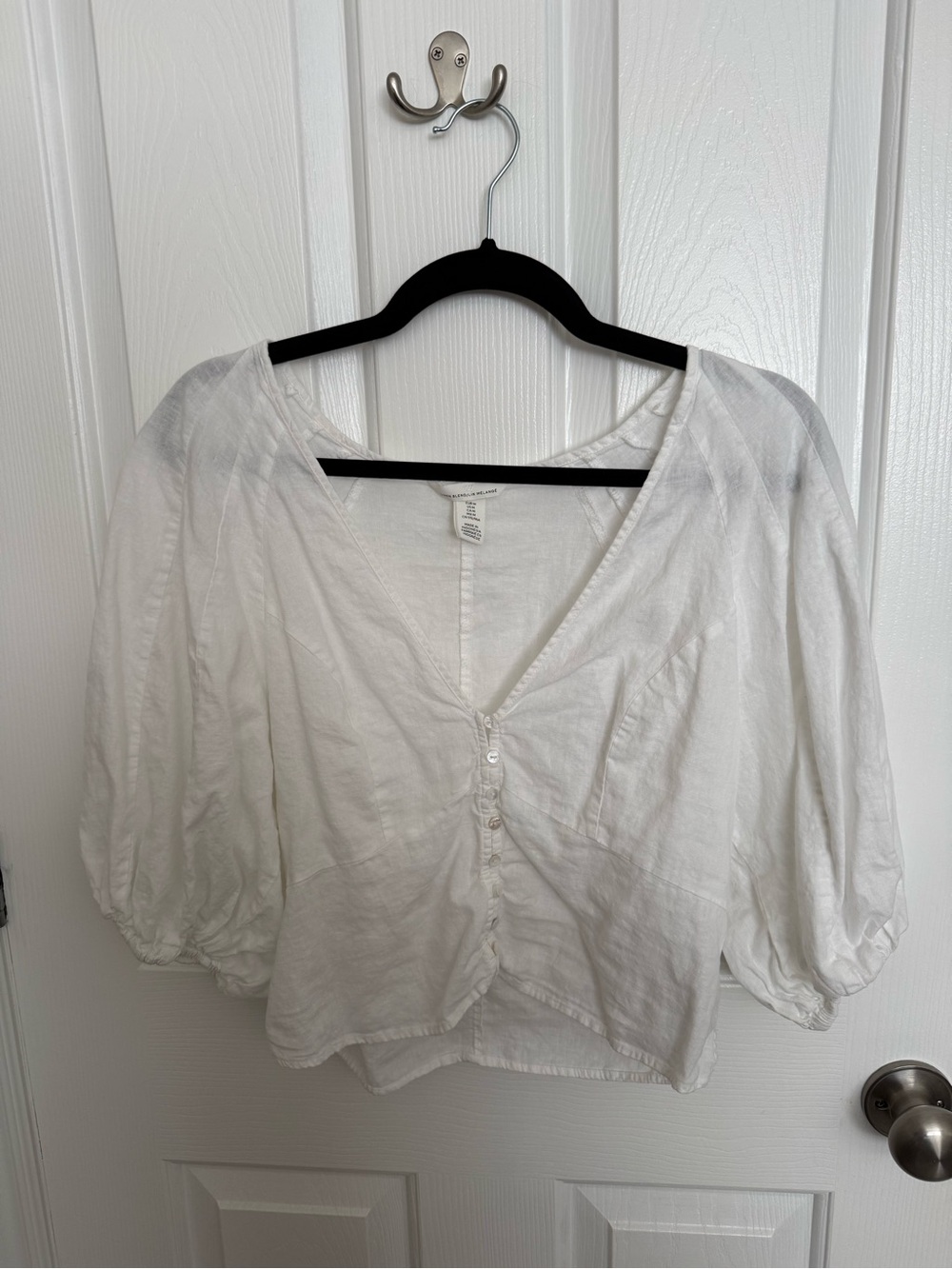 Linen White Button-Front Women's Top
